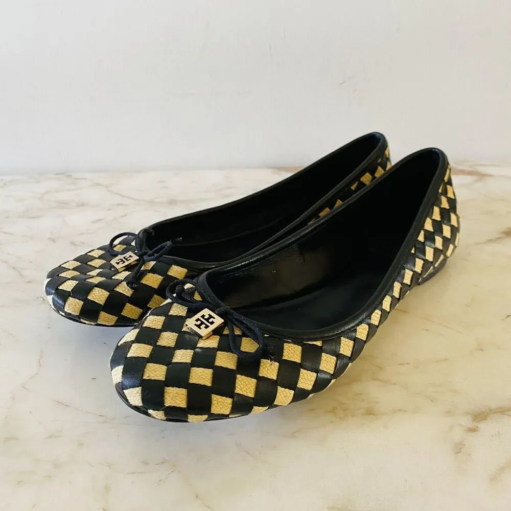 TORY BURCH Black Yellow Woven Ballerina Flats Bow Accent - US 7.5